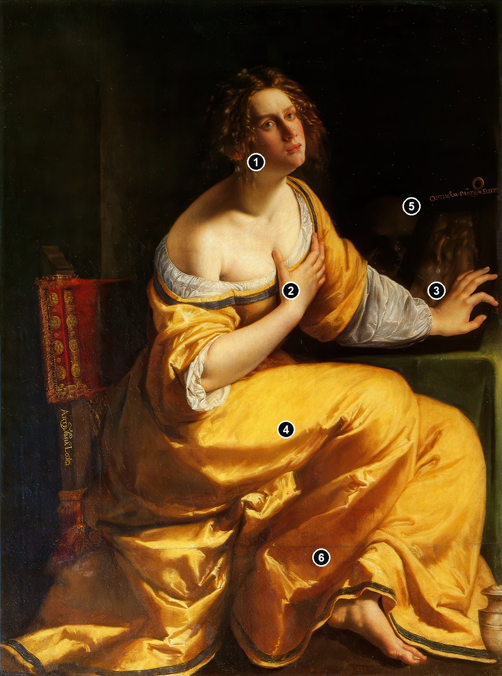 Annotated details from Mary Magdalene by Artemisia Gentileschi